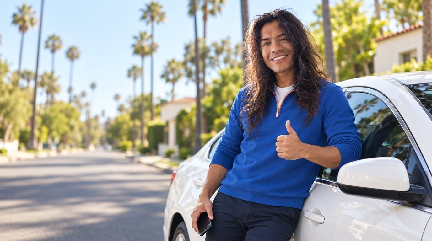 The Rates Guy giving a thumbs up next to his car on a sunny Los Angeles street